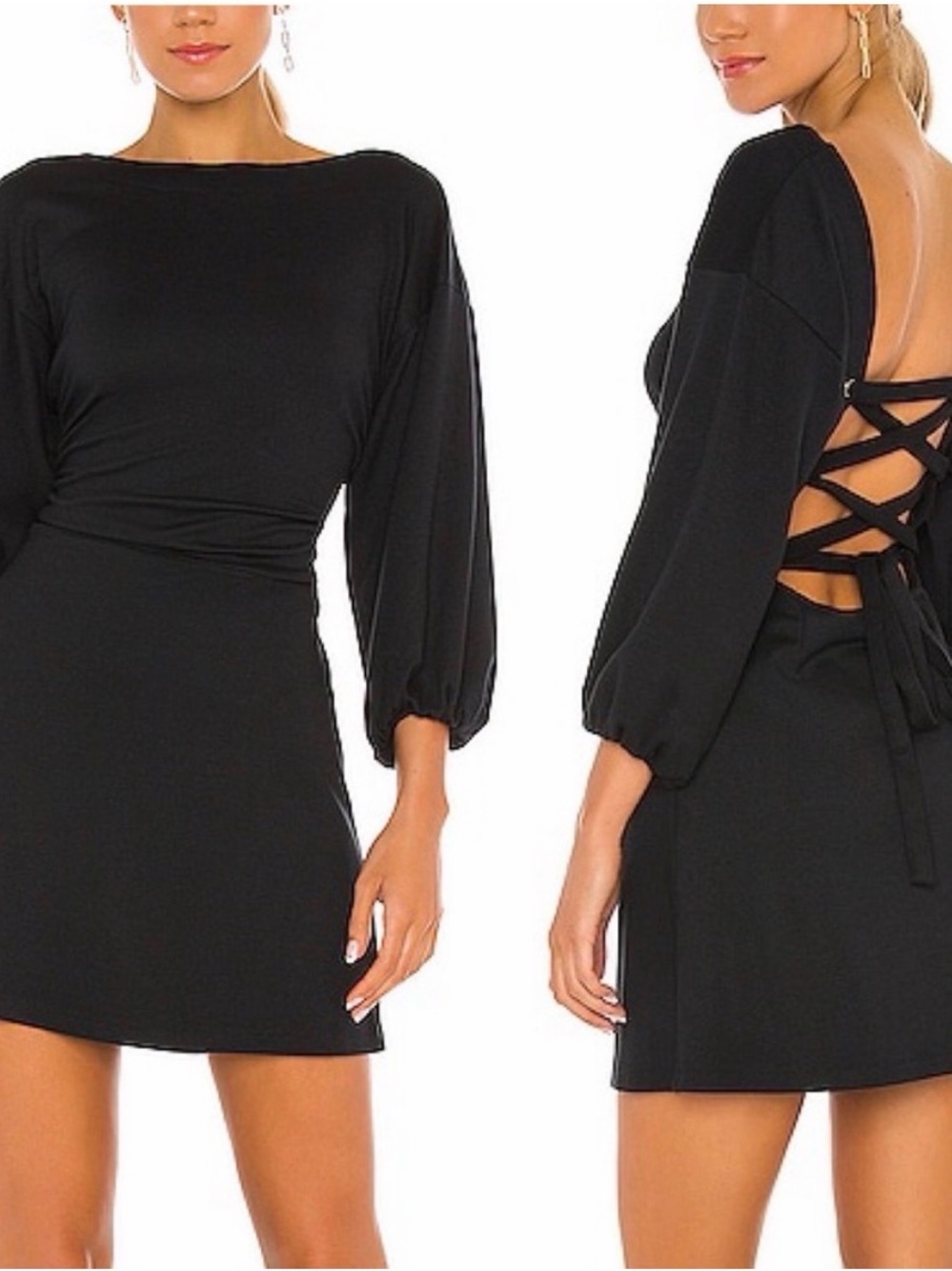 Free People Bianca Lace Up Puff Sleeve Mini Dress Black Size M